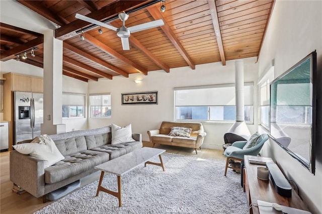 living room with lofted ceiling with beams, ceiling fan, wooden ceiling, wood finished floors, and track lighting