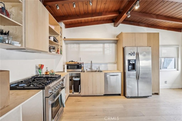 kitchen featuring light brown cabinets, stainless steel appliances, a sink, light countertops, and open shelves