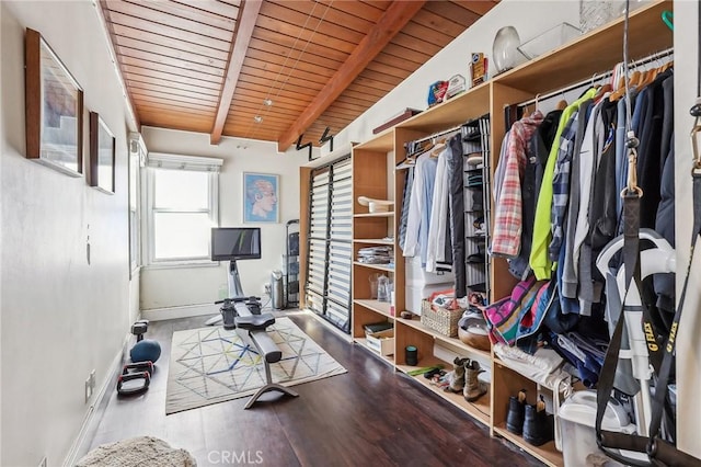 workout room with wooden ceiling, baseboards, and wood finished floors