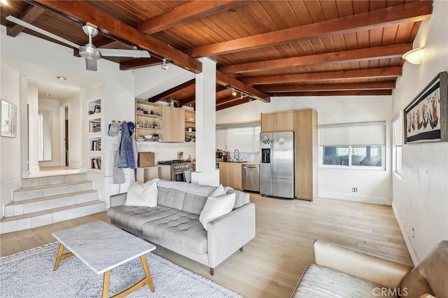 living area featuring vaulted ceiling with beams, light wood-style flooring, ceiling fan, wooden ceiling, and baseboards