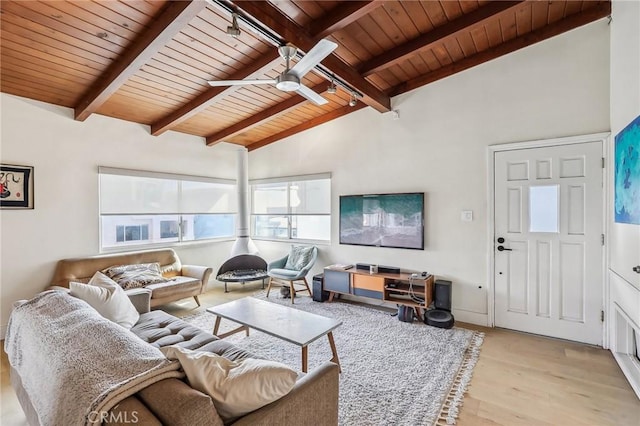 living room with vaulted ceiling with beams, wood finished floors, wood ceiling, a ceiling fan, and track lighting