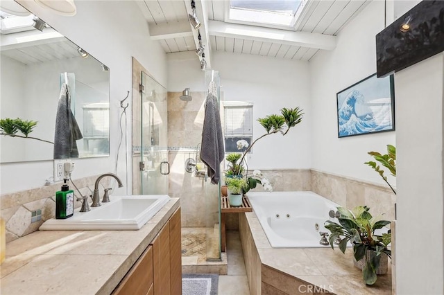 full bath featuring wooden ceiling, vanity, lofted ceiling with skylight, a tub with jets, and a stall shower