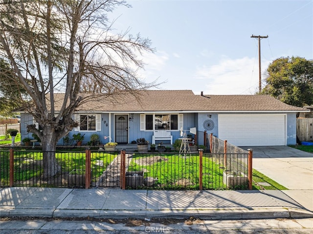 ranch-style house with a fenced front yard, an attached garage, covered porch, concrete driveway, and a front lawn