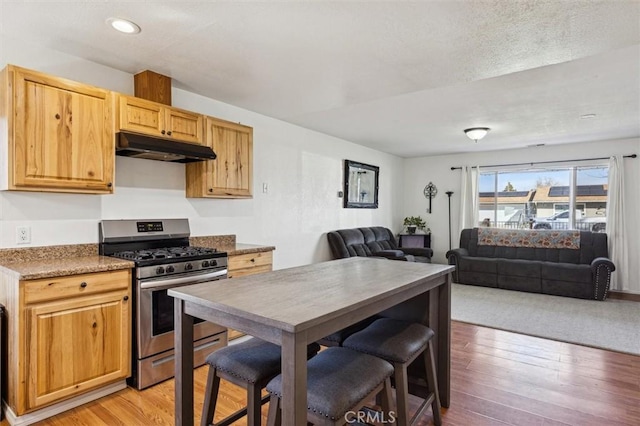 kitchen with open floor plan, stainless steel gas range oven, light wood-style flooring, and under cabinet range hood