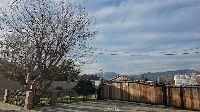 view of gate featuring a fenced front yard and a mountain view