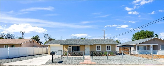 ranch-style home featuring a fenced front yard and stucco siding