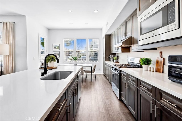 kitchen with under cabinet range hood, appliances with stainless steel finishes, light countertops, and a sink