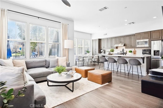 living area with visible vents and light wood-style flooring