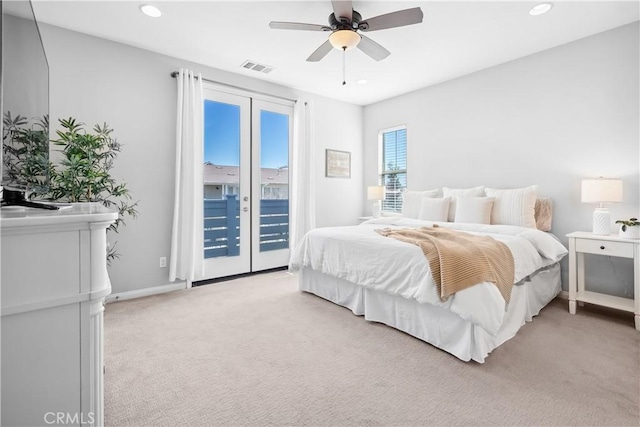 carpeted bedroom with baseboards, visible vents, ceiling fan, access to exterior, and recessed lighting