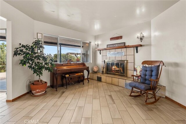 living area featuring baseboards, a fireplace, and wood tiled floor