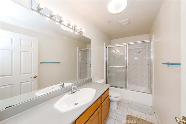 full bath featuring enclosed tub / shower combo, tile patterned flooring, toilet, vanity, and visible vents