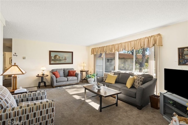 living room featuring carpet flooring and a textured ceiling