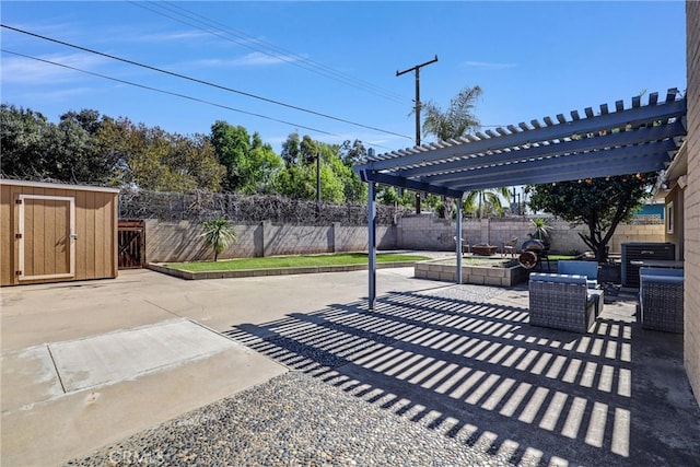 view of patio / terrace with a fenced backyard, an outbuilding, a pergola, and a shed