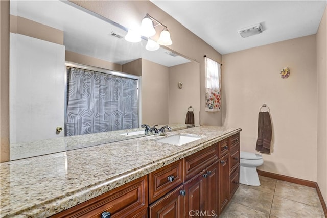 full bath featuring visible vents, toilet, tile patterned flooring, an enclosed shower, and vanity