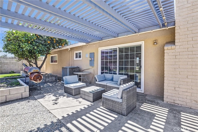 view of patio / terrace with cooling unit, outdoor lounge area, fence, and a pergola