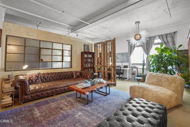 living room with concrete floors