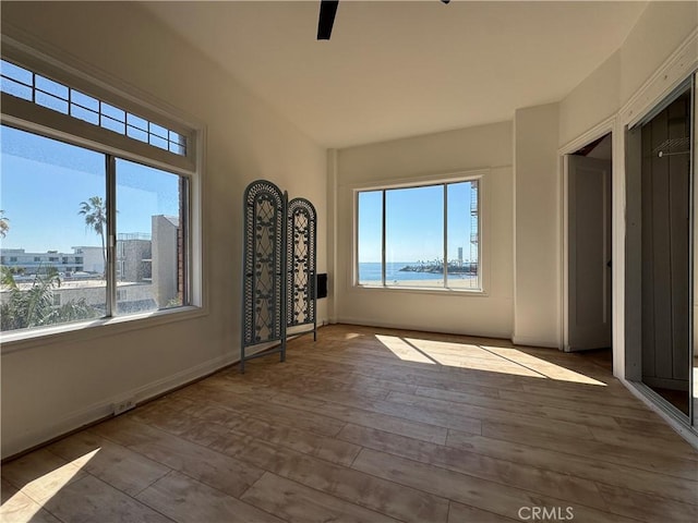 spare room featuring plenty of natural light, baseboards, and wood finished floors