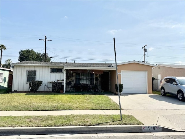 ranch-style home with a garage, a front lawn, board and batten siding, and concrete driveway