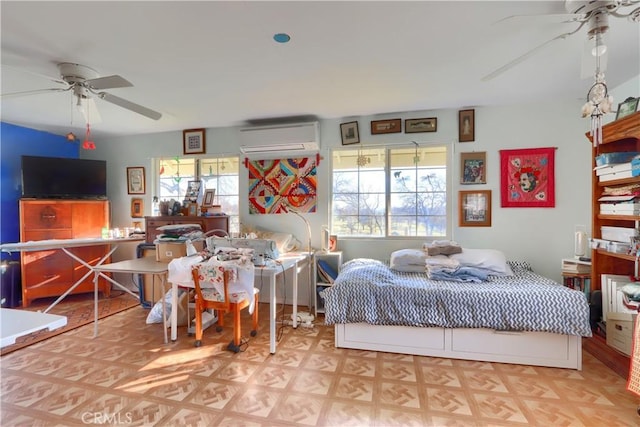 bedroom featuring ceiling fan, an AC wall unit, and multiple windows