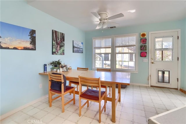 dining room with light floors, a ceiling fan, visible vents, and baseboards