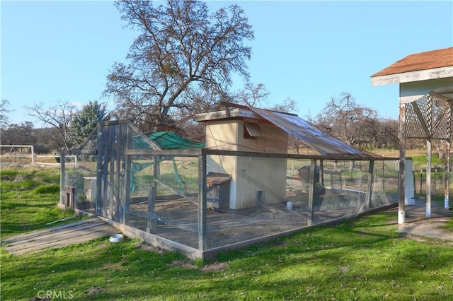 view of poultry coop with a lawn