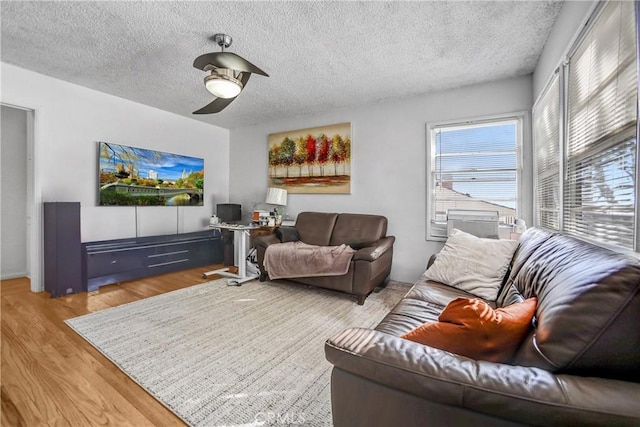 living area with a textured ceiling and wood finished floors