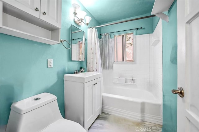 bathroom with toilet, shower / tub combo, marble finish floor, and vanity