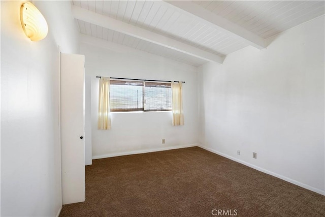 unfurnished room featuring lofted ceiling with beams, wood ceiling, baseboards, and dark carpet