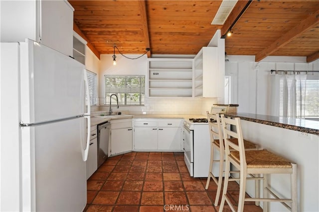 kitchen featuring a sink, open shelves, tasteful backsplash, white appliances, and wooden ceiling