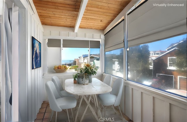 sunroom with beam ceiling and wooden ceiling