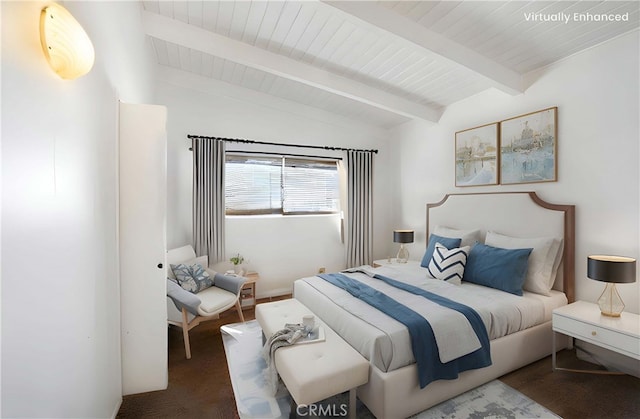 bedroom with lofted ceiling with beams and wood ceiling