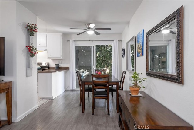 dining space featuring a ceiling fan, baseboards, and wood finished floors