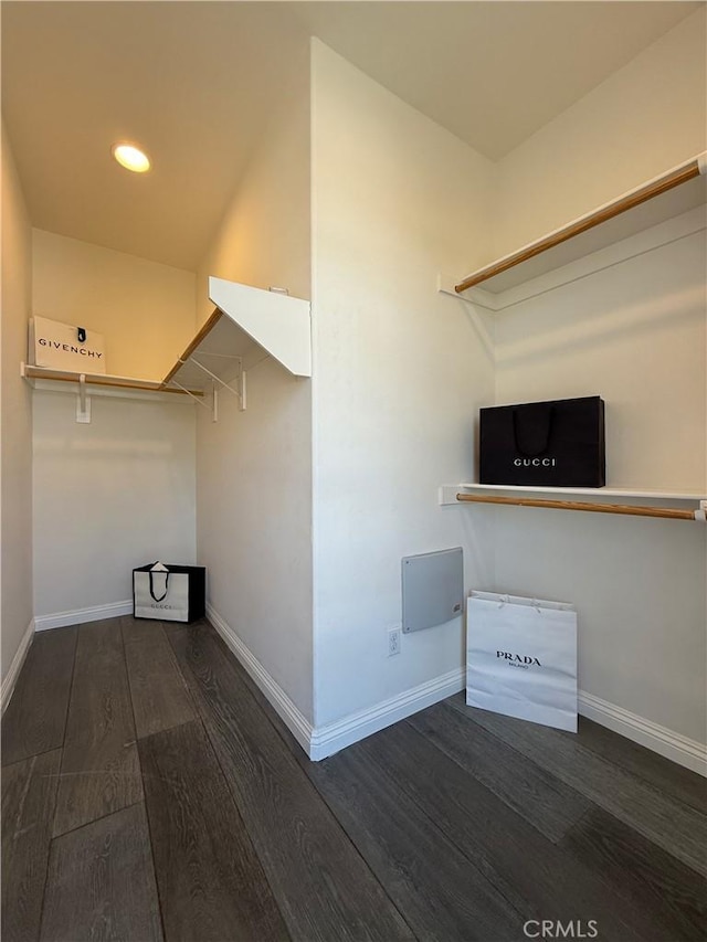 walk in closet with wood finished floors