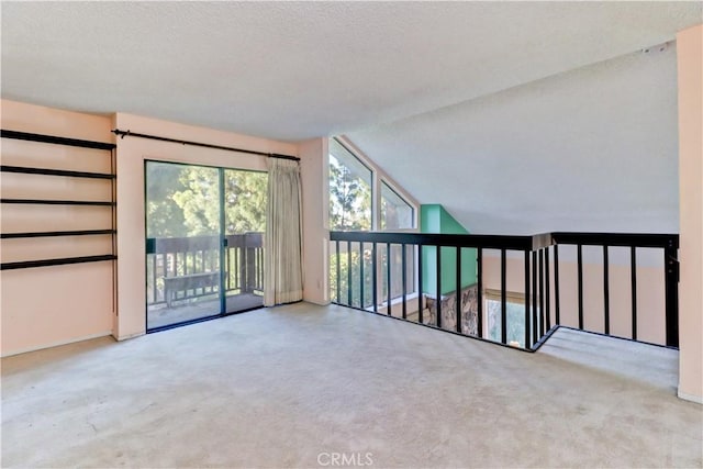 carpeted empty room featuring lofted ceiling and a textured ceiling