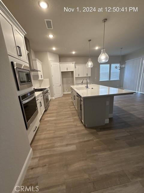 kitchen with appliances with stainless steel finishes, dark wood-style flooring, white cabinetry, a sink, and recessed lighting