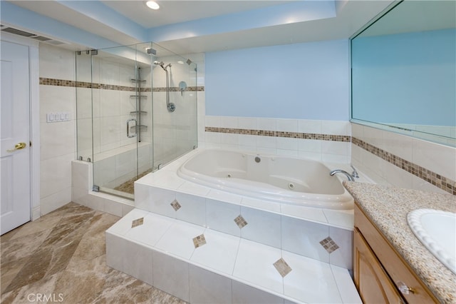 full bath featuring visible vents, a jetted tub, vanity, a shower stall, and recessed lighting