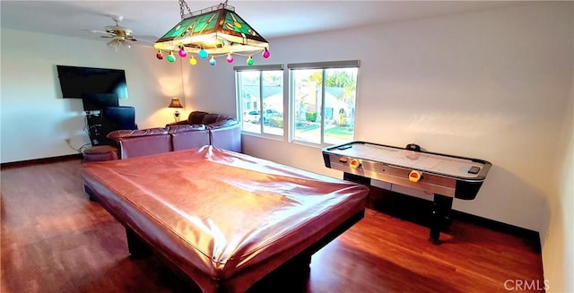 playroom with a ceiling fan, baseboards, wood finished floors, and pool table