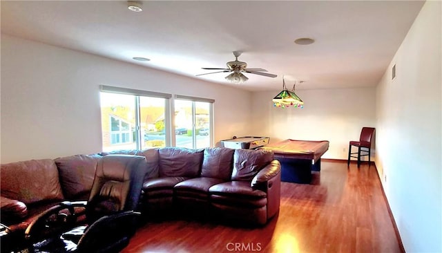 living area with ceiling fan, pool table, wood finished floors, visible vents, and baseboards