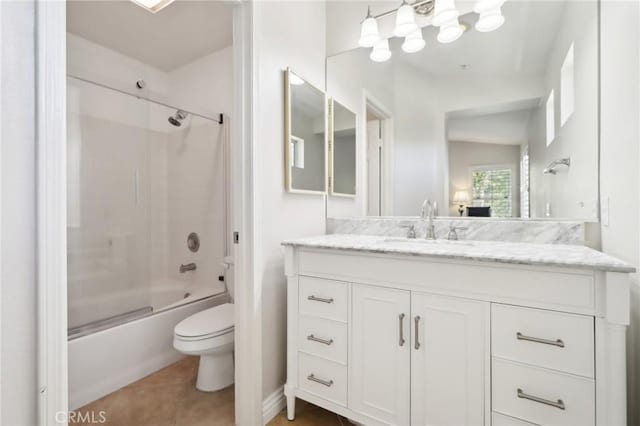 full bath featuring tile patterned flooring, tub / shower combination, vanity, and toilet