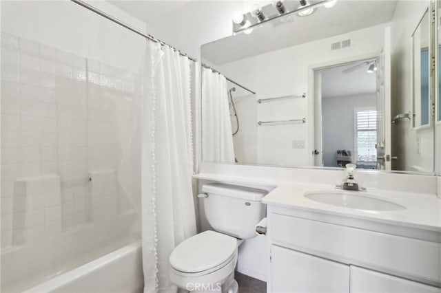 bathroom with visible vents, toilet, ensuite bath, shower / tub combo with curtain, and vanity