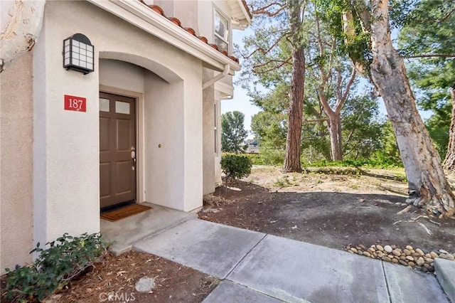 view of exterior entry featuring stucco siding