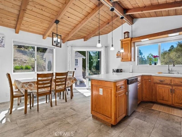 kitchen with lofted ceiling with beams, a sink, stainless steel dishwasher, brown cabinets, and pendant lighting