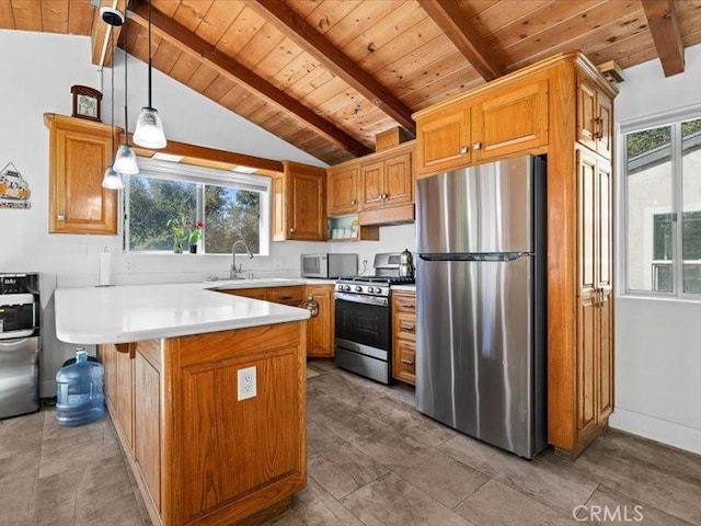 kitchen with lofted ceiling with beams, wood ceiling, a peninsula, stainless steel appliances, and a sink