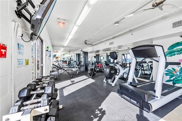 workout area with a ceiling fan and visible vents