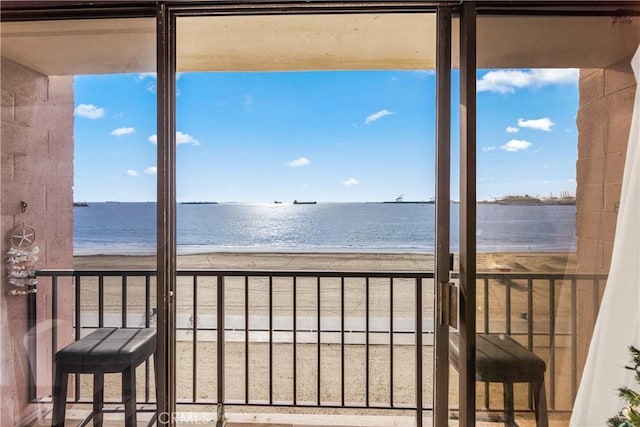 interior space featuring a beach view