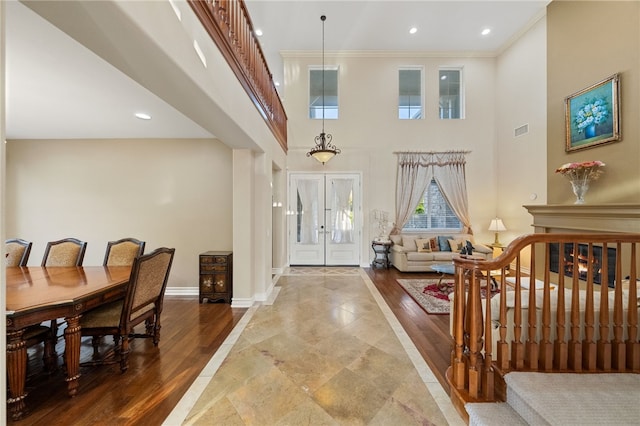 2514 Bulrush Cir, Corona, CA 92882 - entryway featuring crown molding, a high ceiling, baseboards, french doors, and recessed lighting
