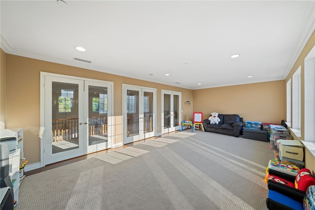 2514 Bulrush Cir, Corona, CA 92882 - carpeted living room with french doors, recessed lighting, crown molding, and baseboards