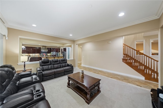 2514 Bulrush Cir, Corona, CA 92882 - living room featuring crown molding, stairway, recessed lighting, and light tile patterned flooring