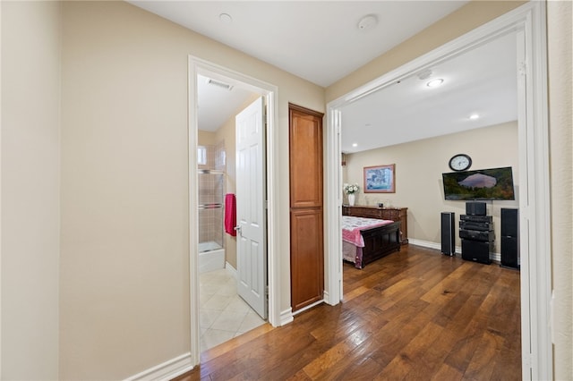 2514 Bulrush Cir, Corona, CA 92882 - hallway featuring wood-type flooring, baseboards, and recessed lighting