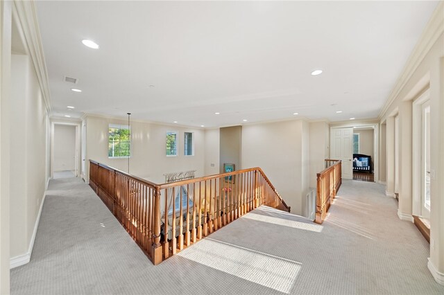 2514 Bulrush Cir, Corona, CA 92882 - hall featuring an upstairs landing, light carpet, crown molding, recessed lighting, and baseboards